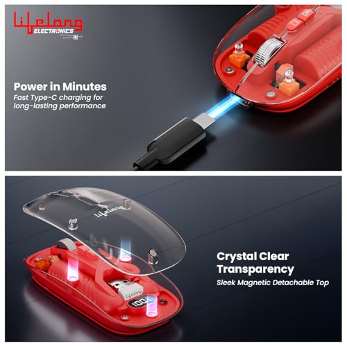 Image of Lifelong Electronics CursorClix Transparent Rechargeable Mouse | Battery Display | Tri-Wireless (2 Bluetooth + 1 USB Receiver) | RGB Light | 4800 DPI | Silent | for PC, Laptop, MacBook, Gaming & Work