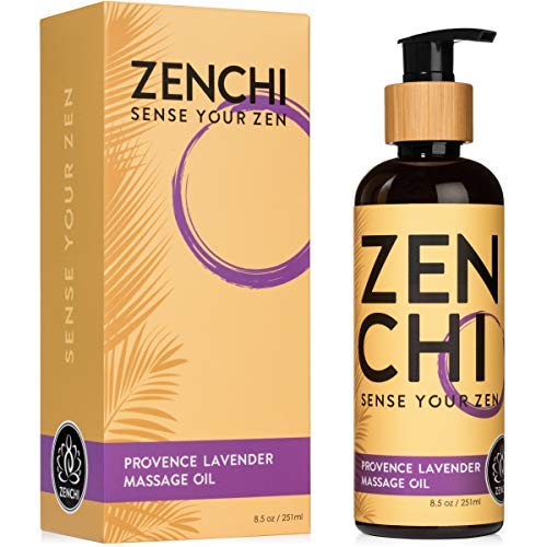 ZenChi Provence Lavender Massage Oil w/Aromatherapy Essential Oils Sweet Orange, Benzoin, Bergamot, Spearmint, Lime  Gift Box & Pump Included (8.5 oz)