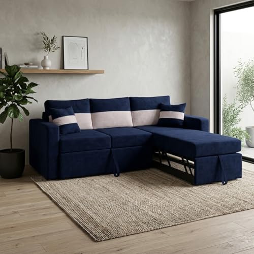 Image of FURNY Soria 4 Seater RHS Lounger Sofa Cum Bed (Dark Blue - Cream) with Pull-Out Function | Luxury Velvet Suede Finish | Durable Comfort | Ideal for Living Room