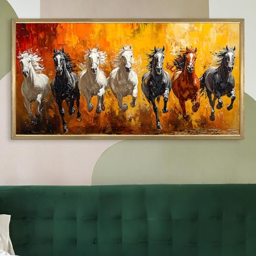 Image of PAPER PLANE DESIGN Seven Running Horses HD Canvas Print Wall Art - Premium Vastu Golden Box Frame With Acrylic - Elegant Home & Office Decor - Size: 2 x 4 Feet. (B)