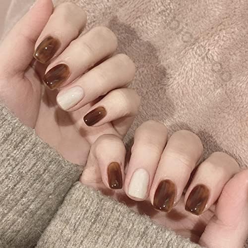Apictseoo 24 Pcs Press on Nails Short False Nails Coffee Beige French Designs Coffin Fake Nails with Glue,12 Sizes,Acrylic Full Cover Artificial Gel Nail Kit for Women Girls PD-111