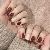 Apictseoo 24 Pcs Press on Nails Short False Nails Coffee Beige French Designs Coffin Fake Nails with