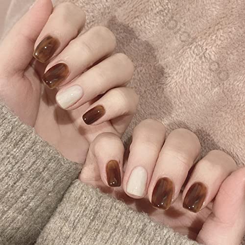 Apictseoo 24 Pcs Press On Nails Short False Nails Coffee Beige French Designs Coffin Fake Nails With Glue,12 Sizes,Acrylic Full Cover Artificial Gel Nail Kit For Women Girls Pd-111 #TOP2