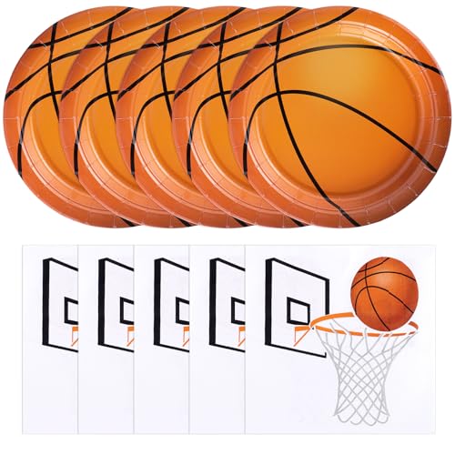 NatNarr 50 Pcs Basketball Plates and Napkins 25 Guest Basketball Birthday Party Decorations Include 7 Inch Dessert Plates and 6.5 Inch Paper Napkins for Birthday Sports-Themed Gathering