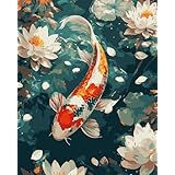 AAJJCENS 睡蓮と鯉の油絵 鯉のぼり プリントアート 数字油絵 数字キット塗り絵 手塗り DIY絵 デジタル油絵 ホーム オフィス装飾 40x50cm (フレームレス)