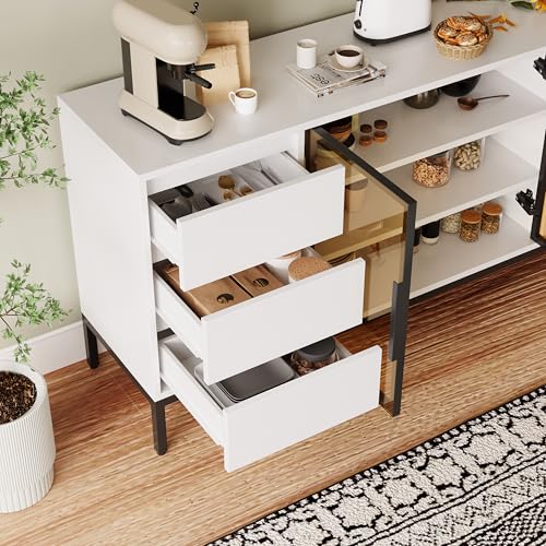 Buffet Cabinet with Storage, Kitchen Side Panel Storage Room with Doors and 3 Drawers, Pantry Cabinet Display Rack, Console, Dining Table Manager Furniture, Living Room Dining Room White - immagine 6
