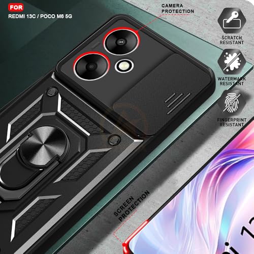 Image of Armor Bumper Back Cover Case for Redmi 13C 5G / Poco M6 5G Rotating Camera Cover, Ring Holder & Kickstand | Heavy Duty & 360 Degree Protection Redmi 13C 5G / Poco M6 5G Back Cover (Black)