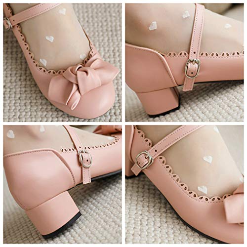 KIKIVIVI Womens Mary Jane Pumps Mid Block Heel Ankle Strap Shoes with Bow4