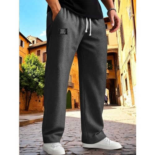 Mokaloha Mens Waffle Pants, New Men's Casual Waffle Embroidered Logo Elastic Waist Loose and Comfortable Trousers2