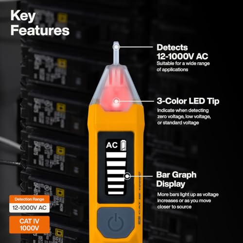 Image of Klein Tools NCVT7 Non-Contact Voltage Tester with LCD Signal Strength Display, 3-Color LED Tip, Audible Alert, 12-1000V AC Detection Range, Backlit Display, Electrical Circuit Detector