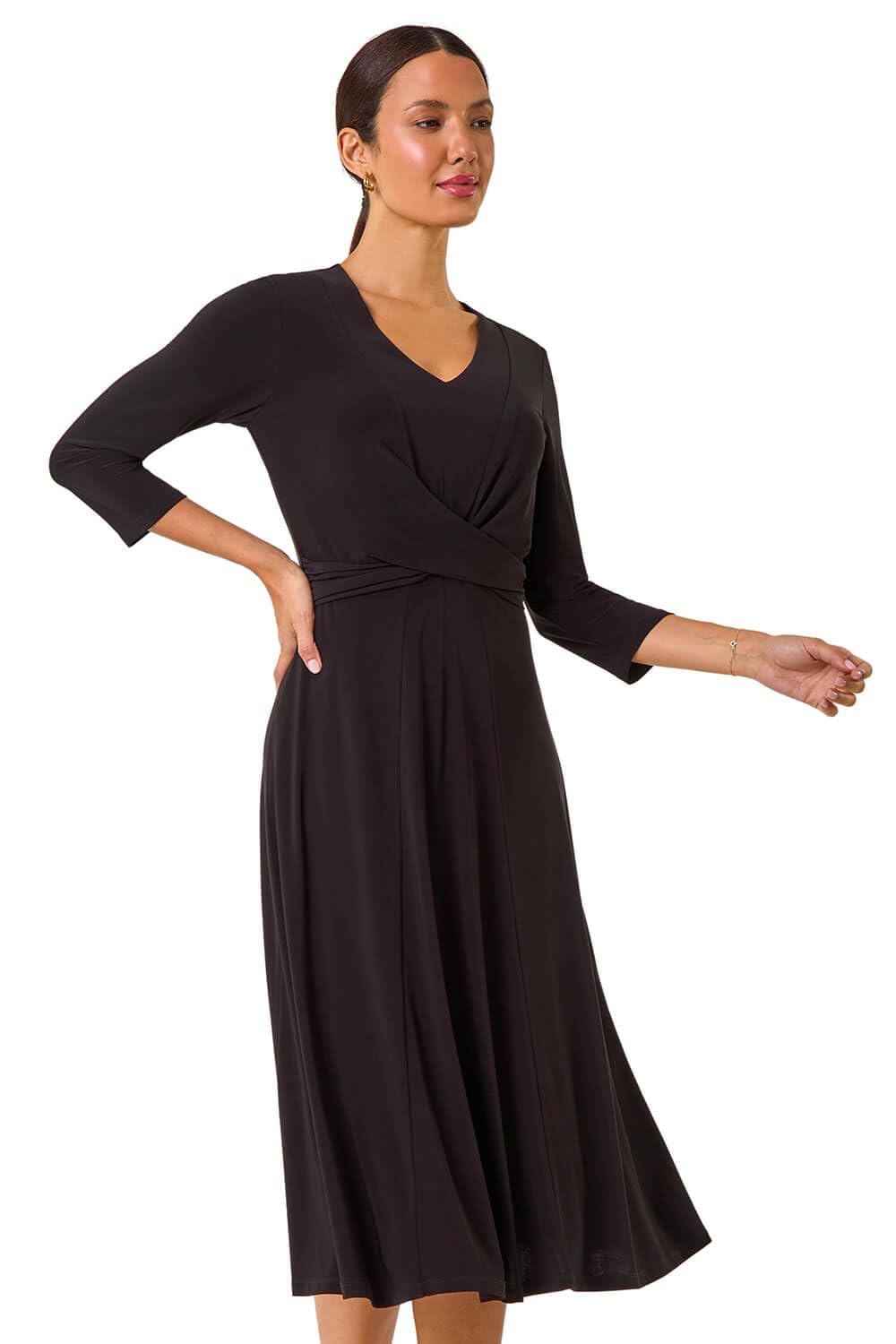 Roman Originals Stretch Crossover Midi Dress for Women UK - Ladies Everyday Autumn Winter V-Neckline Comfy Soft Evening Vacation Work Party Night Out - Black - Size 18