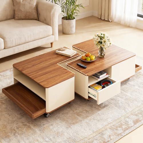HavenGlide Table basse à roulettes, table de salon en bois avec 2 tiroirs, tables basses originales, table de salon avec compartiments ouverts, table de salon...