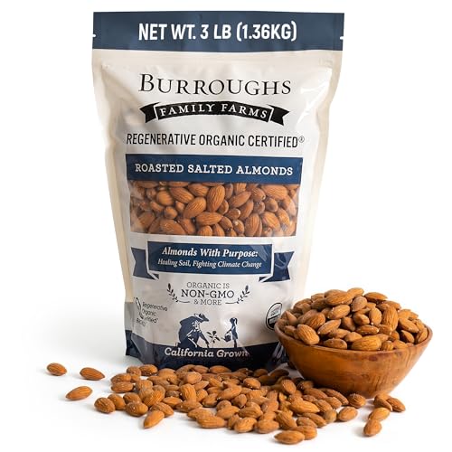 Burroughs Family Farms Roasted Salted Almonds 3 lb, Regenerative Organic and USDA Organic Certified, No Added Oils, Lightly Salted & Perfectly Dry Roasted Almond Nuts, 2x the Antioxidants and Vitamin B Versus Other Almonds