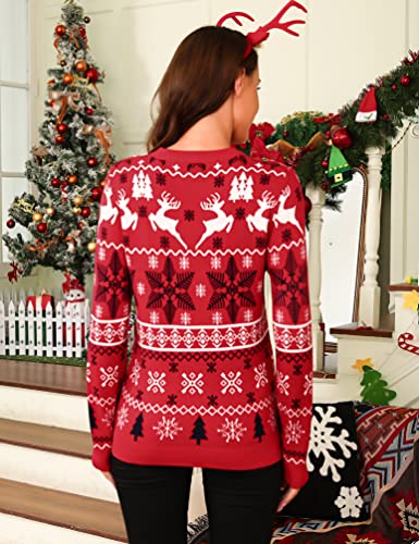Aseniza Weihnachtspullover Damen Herren Christmas Sweater Pullover Weihnachten Strickpullover Rentier Elch Langarm Jumper mit Rundhalsausschnitt Rot-Damen, S