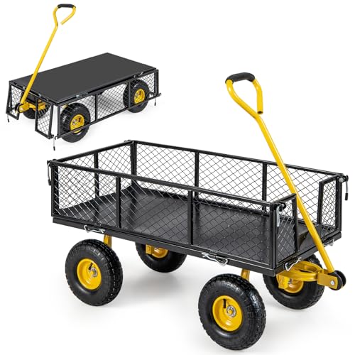 Goplus Mesh Steel Garden Cart, 900 LBS Utility Wagon with 4 Removable Sides, 10” Pneumatic Wheels, Adjustable Handle, Convert into Flatbed, 3-in-1 Heavy Duty Garden Wagon for Yard Farm Patio