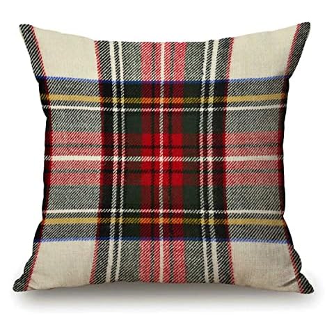 Plaid Pillow Cover 18x18 Inch, Scottish Tartan Red and White Wool Plaid Pattern Symmetric Square Print Double Sided Decorative Pillow Case Throw Pillows Cover Cover