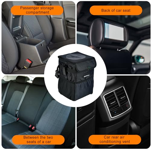 Image of Car Trash Can with Lid - Car Trash Bag Hanging Waterproof with Storage Pockets, Collapsible and Portable Multipurpose Trash Bin for Back /Front Seat /Console, 1.85 Gallons, Black