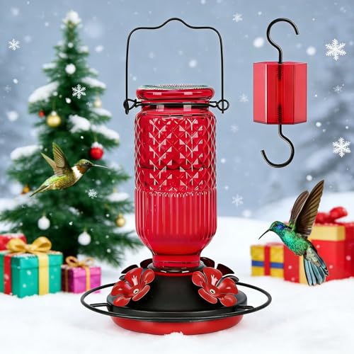 FEED GARDEN Glass Hummingbird Feeder for Outdoors Hanging, 16 OZ Humming Birds Feeders with 4 Bee Guard Feeding Ports & Built-in Ant Moat, Bird Feeder for Outside, Gifts for Women Mom, Red