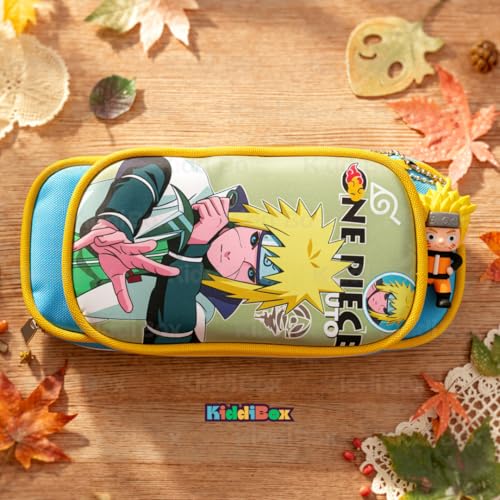 Image of KiddiBox One Piece Anime Pencil Case, Double Zipper Stationery Pouch with Character Charm, School Supply with Keychain (Blue and Yellow)