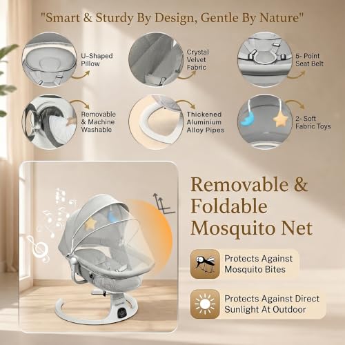 Image of Electric Baby Swing Rocker for Newborn Baby | Automatic Cradle with 5-Speed Swing, Bluetooth Music, USB Support, Remote Control, Touch Panel, 360 Rotating Seat, Mosquito Net - Grey