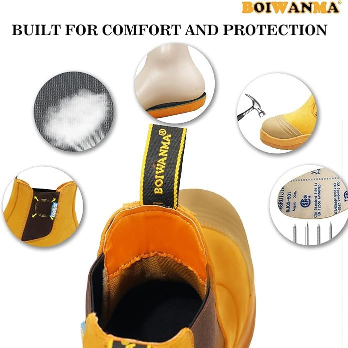 Image of Work Boots for Men, Steel Toe, Puncture-Resistant, Pull on Chelsea Leather Safety Boots, US Size 7-15 M & W