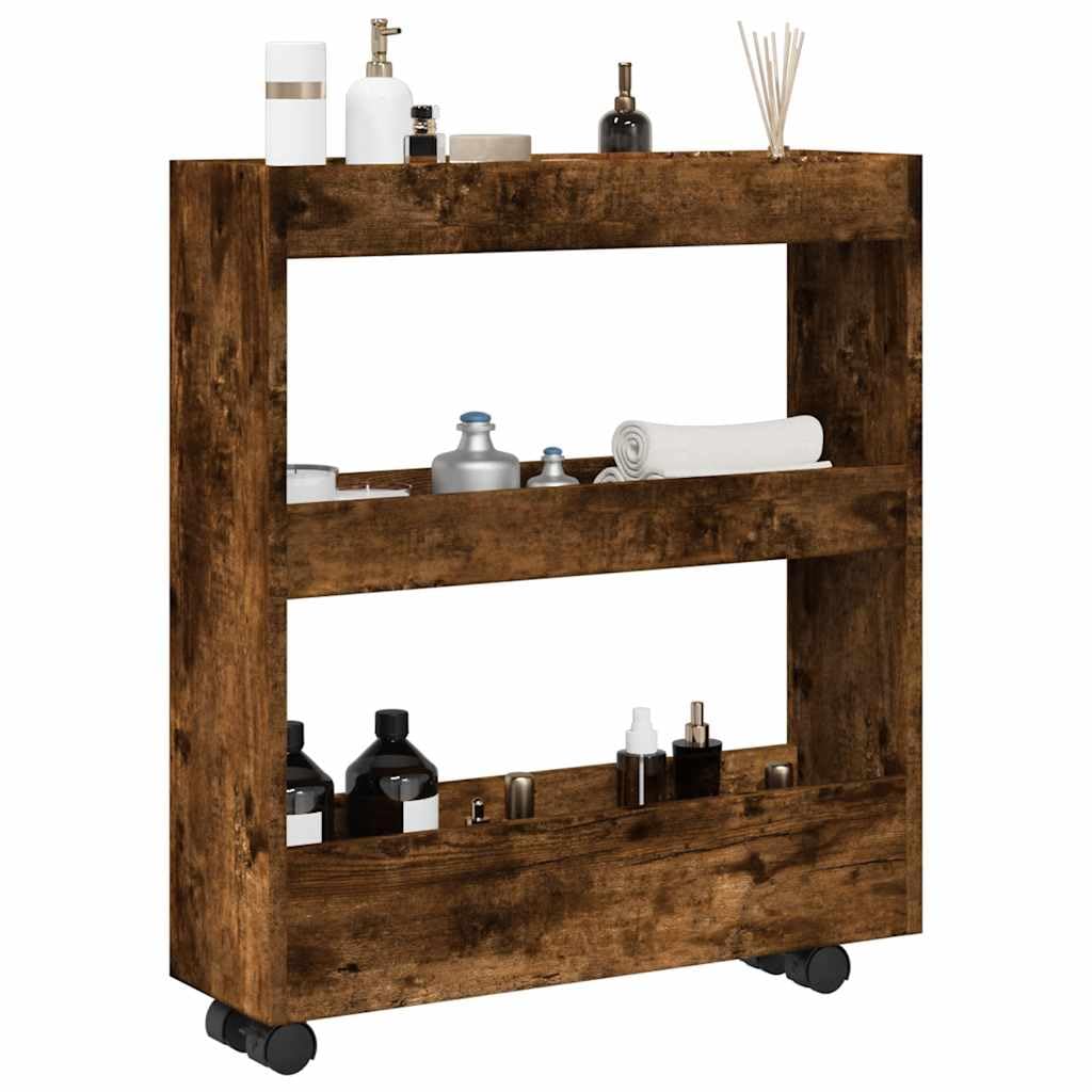 Carro de almacenamiento estrecho de 3 pisos, roble ahumado, material de madera con ruedas, carrito de cocina para cocina y comedor, carrito con ruedas para ahorrar espacio, con espacio de