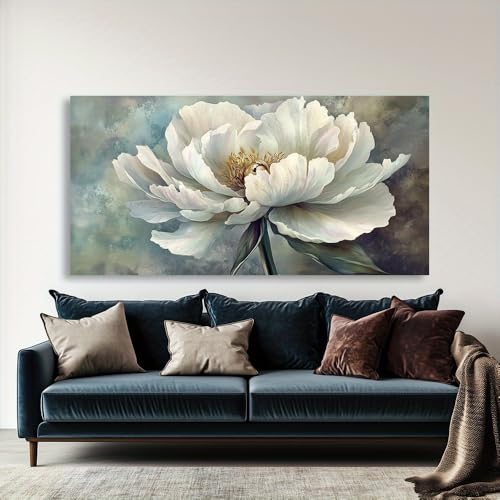 Tableau abstrait moderne pivoines blanches sur toile grand format salon raffiné