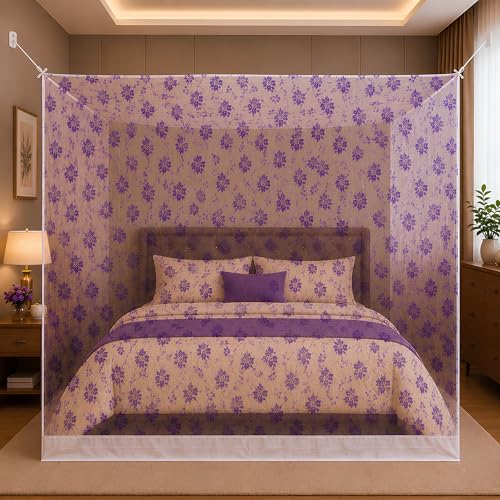 Image of Mosquito Net for King Size Bed & Double Bed, 6x7 Ft, Wall Hanging Machhardani, No Frame Required, Floral Vine Pattern, Premium Poly-Cotton Fabric, Soft Breathable Mesh for AC Rooms (Royal Purple Vine)