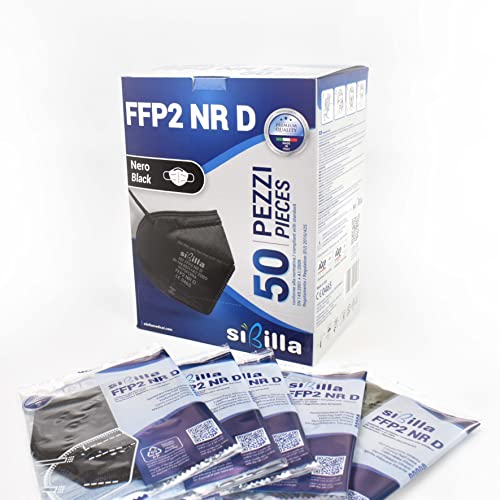 SIBILLA 50 Stück FFP2-Masken Schwarz NR D Made in Italy und CE 0465-zertifiziert von der italienischen Behörde, 5-lagig FFP2 Schwarz in versiegelten Einzelpackungen
