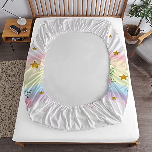 Musolei Unicorn Fitted Sheet Set Twin Girls Rainbow Star Sheet Pink Flower Bedding Set 1 Deep Pocket Fitted Sheet With 1 Pillowcases Multi-Colour Gift #TOP3