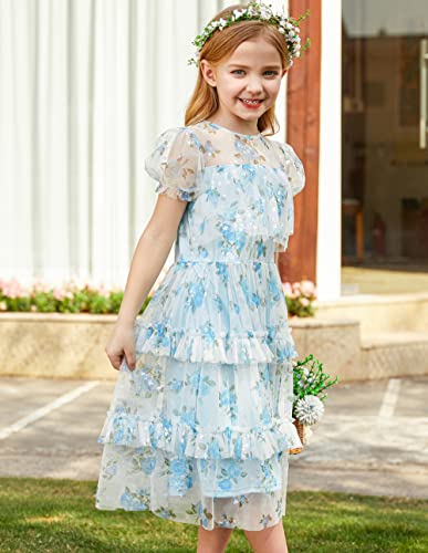 Grace Karin Girls Ruffle Dress Girls Crew Neck A-Line Girl Party Dress Blue 8Y #TOP26