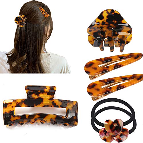 6 Pcs Hair Claw Clips for Women - 3.5" Tortoise Shell Cellulose Acetate Large Hair Clips for Thick Hair with 1pc 2.1" Small Hair Clips Claw,2pcs Hair Pins and 2pcs Hair Rope Barrettes for Women