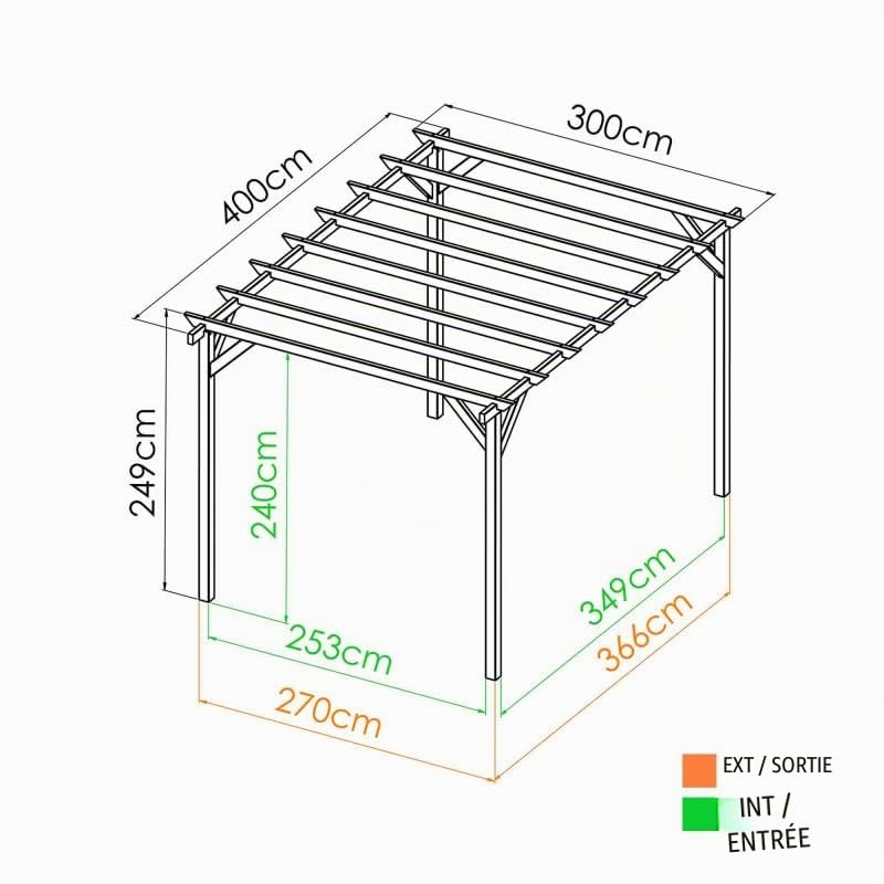 Tonnelle en Bois Magdalie 4x3 m - Pin sylvestre traité Autoclave, Structure Solide 4 poteaux 9x9 cm - Idéale terrasse, Jardin et Espace ombragé
