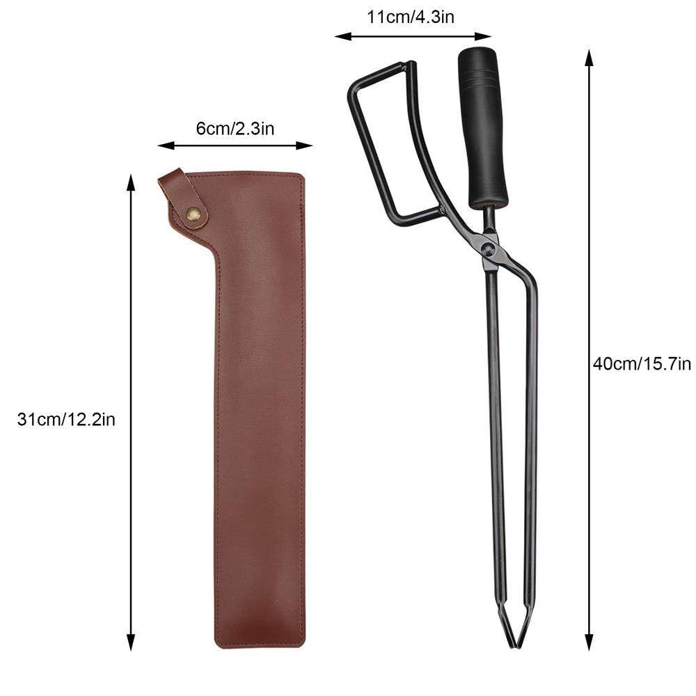 Pince à Feu En Acier Carbone - Poignée Cuir - Pour Barbecue, Camping, Cheminée - Spring Assisté, Dentelée - Étui Inclus - 7