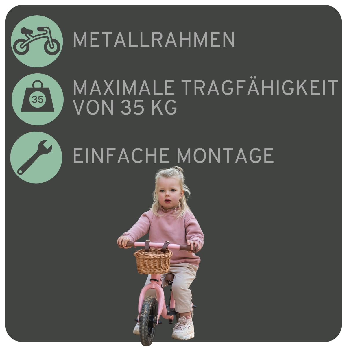 Bandits & Angels Laufrad aus Metall mit Weidenkorb ab 2 Jahren – Lauflernrad – Verstellbarer Sattel 29 bis 39 cm – für Jungen und Mädchen – niedriger Einstieg mit Trittbrett