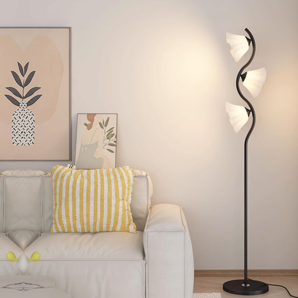 Lámpara de pie de diseño floral con pantalla de acrílico y metal pulido para salón