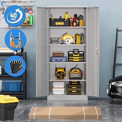 SUPEER 180CM hoher Stahlschrank,Metall-Lagerschrank mit 2 Türen und 4 verstellbaren Einlegeböden,Geeignet für Haus, Lager, Garage, Büro,Einfache Montage erforderlich (Grau)