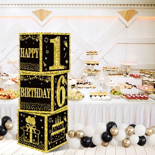 Image of Eiurteao 3pcs 16th Birthday Decorations Boxes for Girls Boys, Black Gold Happy 16 Birthday Balloons Boxes Party Supplies, Sweet 16th Year Old Bday Theme Cardboard Box