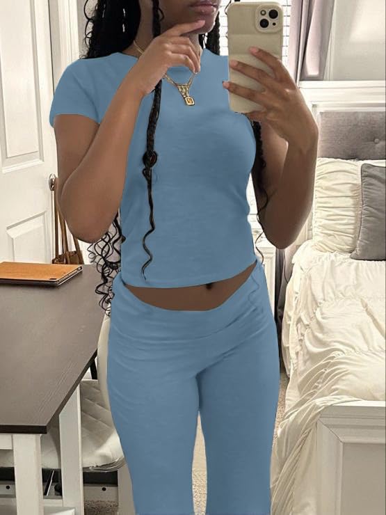 Image of AYWA Women's 2 Piece Lounge Sets Short Sleeve Crop Top Foldover Flare Pants Casual Pajama Outfits