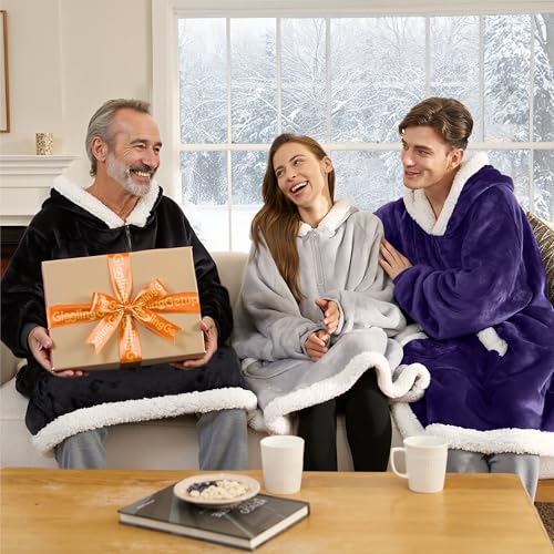 Image of Giggling Getup Wearable Blanket Hoodie for Women Men Gifts for Women Mom Wife Sherpa Fleece Hooded Blanket Sweatshirt Warm Cozy Sherpa Wearable Throw with Pocket & Sleeves for Adult Standard Purple