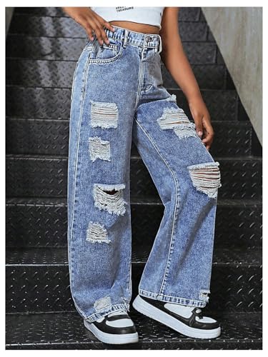 OYOANGLE Girl's High Rise Streetwear Ripped Baggy Jeans Wide Leg Casual Distressed Denim Pants2