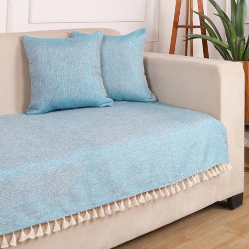 Image of STITCHNEST Jute Sofa Cover - Turquoise, 48x30 Inch | Soft Textured Fabric with Tassel| Sofa for Living Room Decor