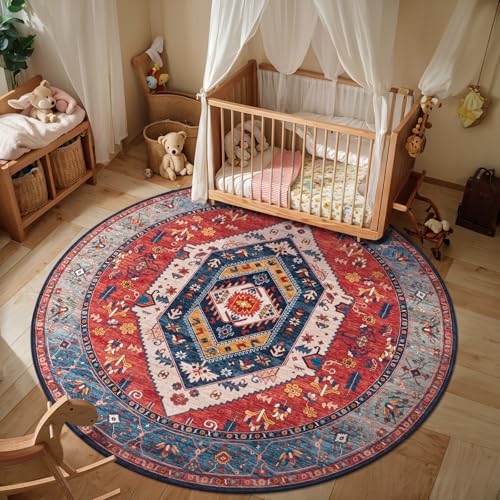 SERISSA Boho Round Area Rug, 4ft Washable Non-Slip Circle Rug, Ultra Soft Oriental Vintage Rust Low-Pile Small Circular Carpet for Bedroom Entryway Kids Room Office College Dorm Living Room
