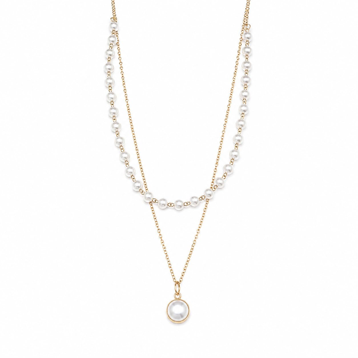 Layered Pearl Necklace for Women | Double Layer Gold Tone Chain with Mini Pearl Strand & Single Pearl Pendant | Dainty Everyday Necklace-image-4