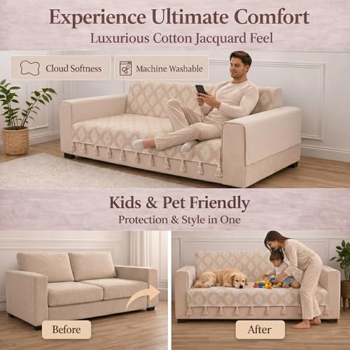 Image of STITCHNEST 'Verdant Rekhika Stories' 2 Seater Sofa Cover | Full Coverage with Armrest Pockets | Elegant Jacquard Fabric, Decorative Tassels, Washable & Durable for Modern Living