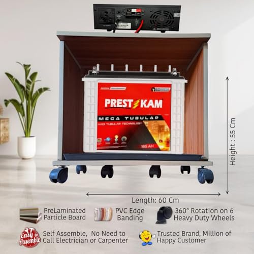 Image of Wooden 150 Kg Load Capicity Inverter Battery Trolley Box for Home & Office Cabinet | Battery Cover | 360 Rotating on 6 Heavy Duty Wheels & PVC Edge Band for Strength (Regal)