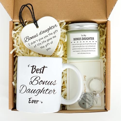Splandiant Bonus Daughter Gifts-StepDaughter Gift from Stepmom/Stepdad Birthday Present Gifts for Stepdaughter with Mug Candle Keychain Ceramic Ornamen