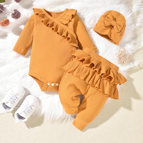 fioukiay Preemie Newborn Baby Girl Clothes Infant Girl Solid Ribbed Outfits Ruffle Romper and Pants 3PC Clothing Sets2
