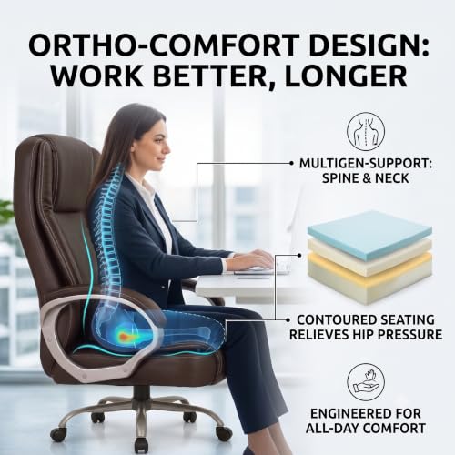 Image of High-Back Leatherette Office Executive Chair with Padded Armrests and Adjustable Recline (Brown)
