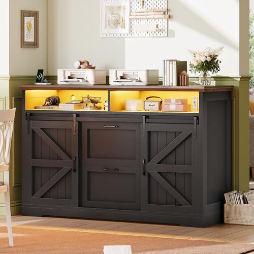 SEDETA 47.2 File Cabinet 2 Drawers Filing Cabinets for Home Office fit Legal/Letter/A4 File Farmhouse File Cabinet with Barn Door & Power Outlets Printer Stand with Storage & LED Lights Black